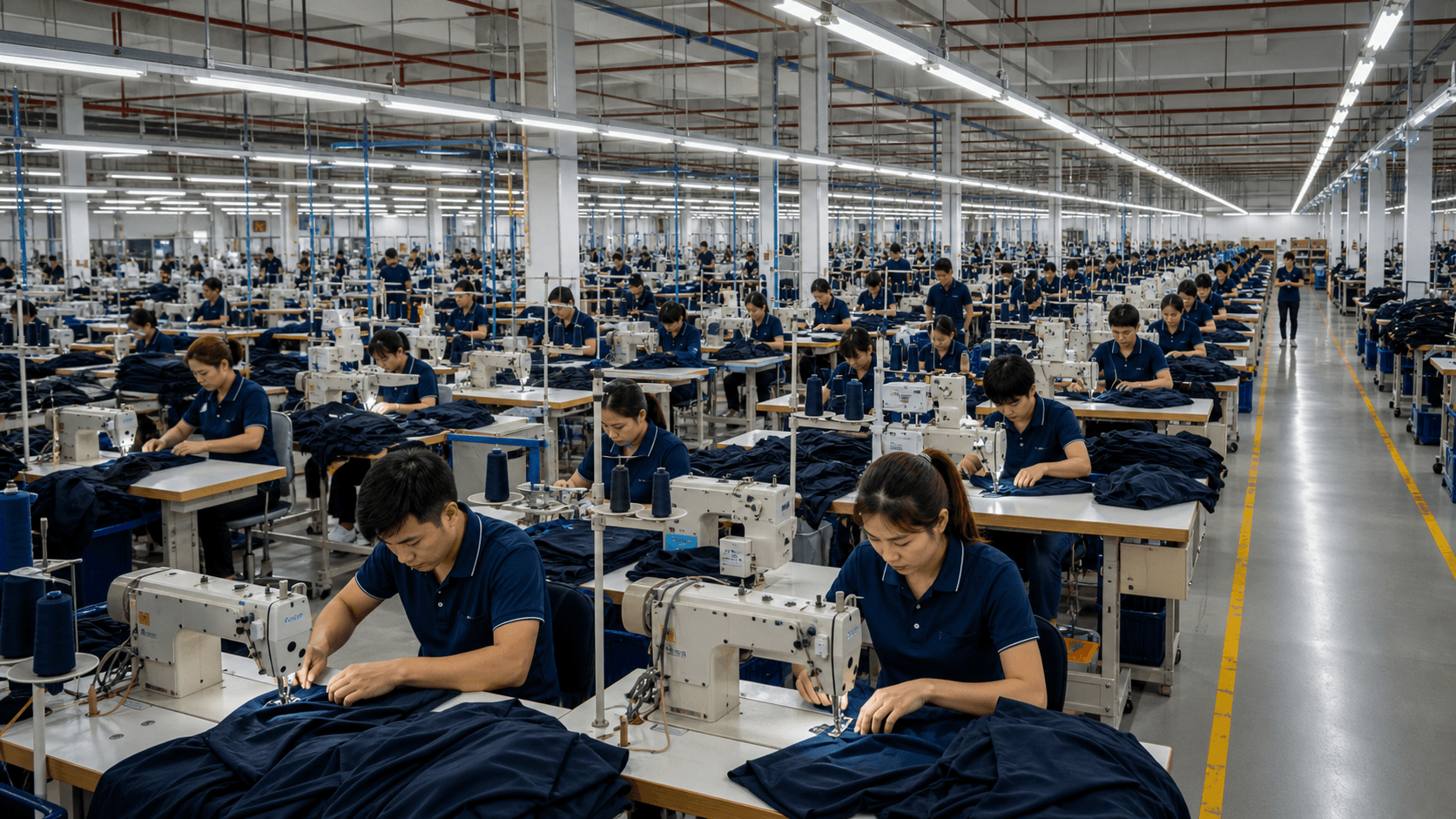 Wide view of apparel production lines in Vietnam