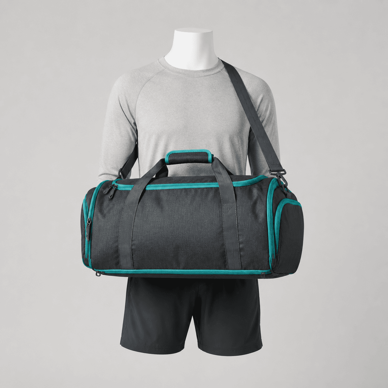 AI-generated demonstration product photograph of gym bag
