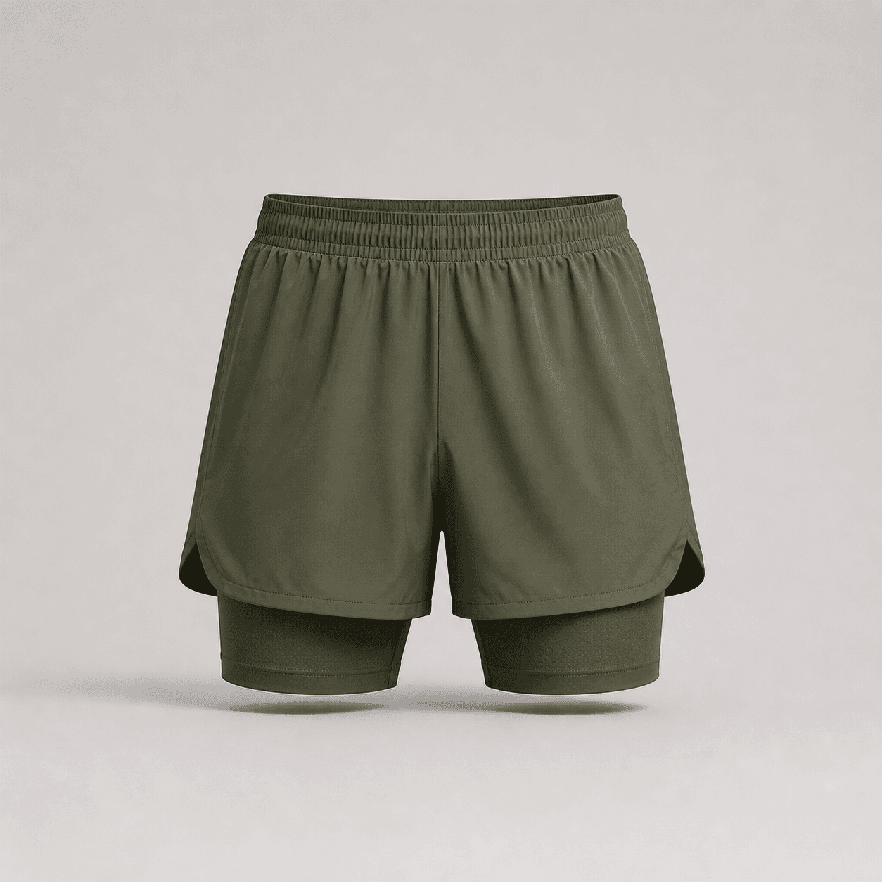 AI-generated demonstration product photograph of two-layer sports shorts