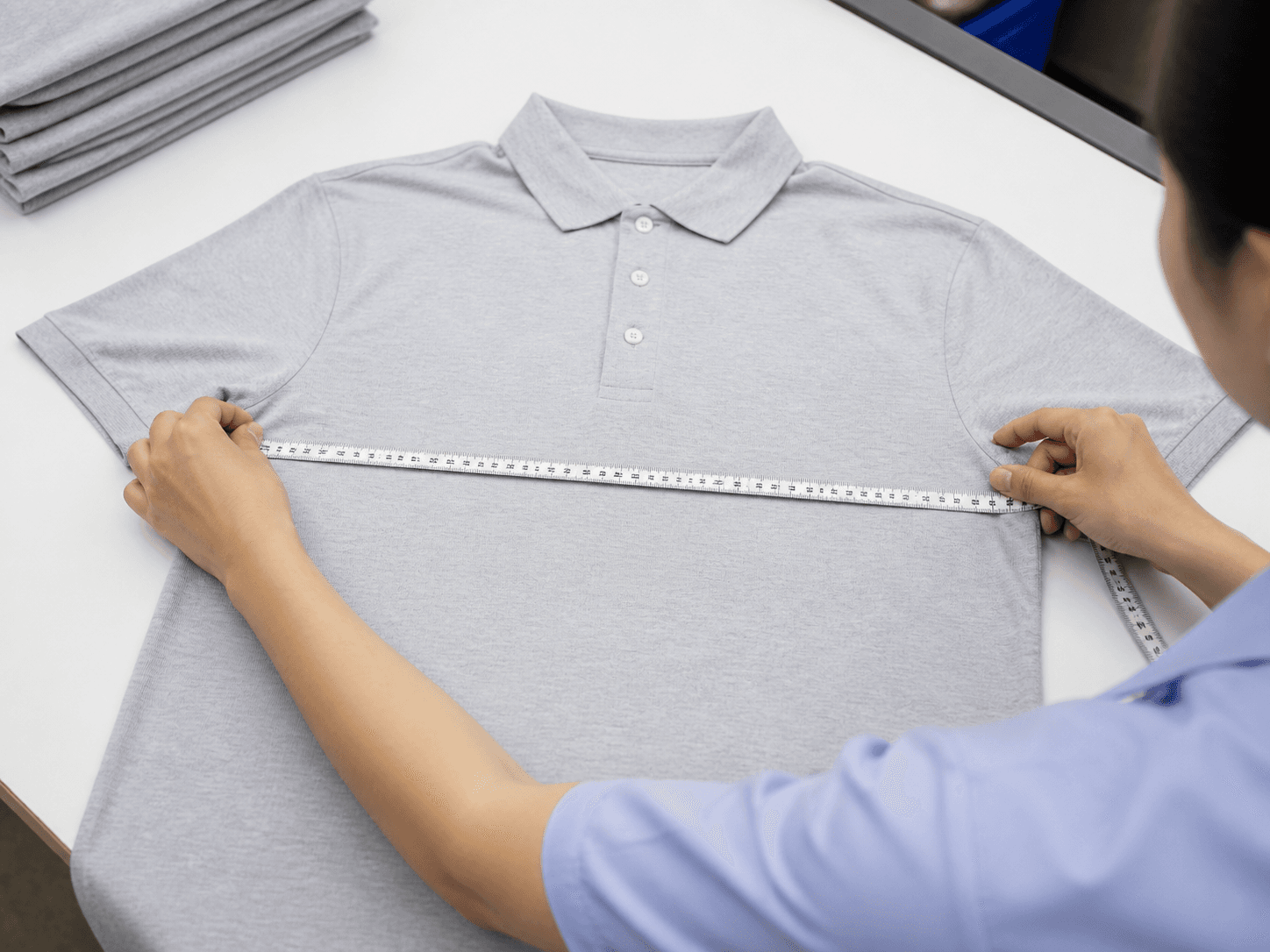 AI-generated demonstration of a polo shirt measurement check